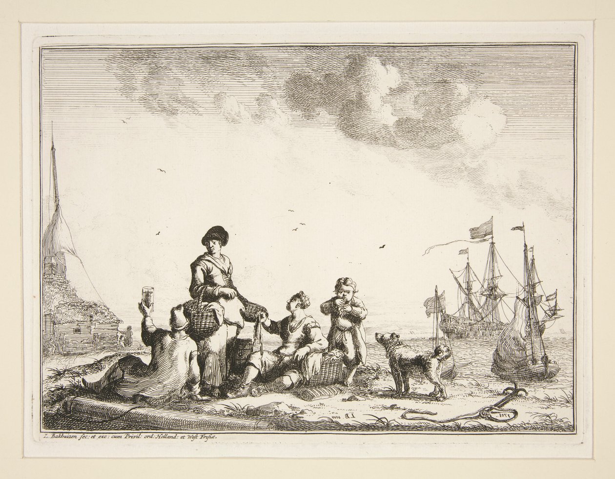 Puerto con marineros y un vendedor ambulante de pescado de Ludolf Backhuysen