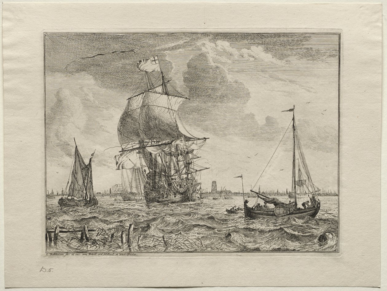 Escena marina con Ámsterdam en la distancia, 1701 de Ludolf Backhuysen