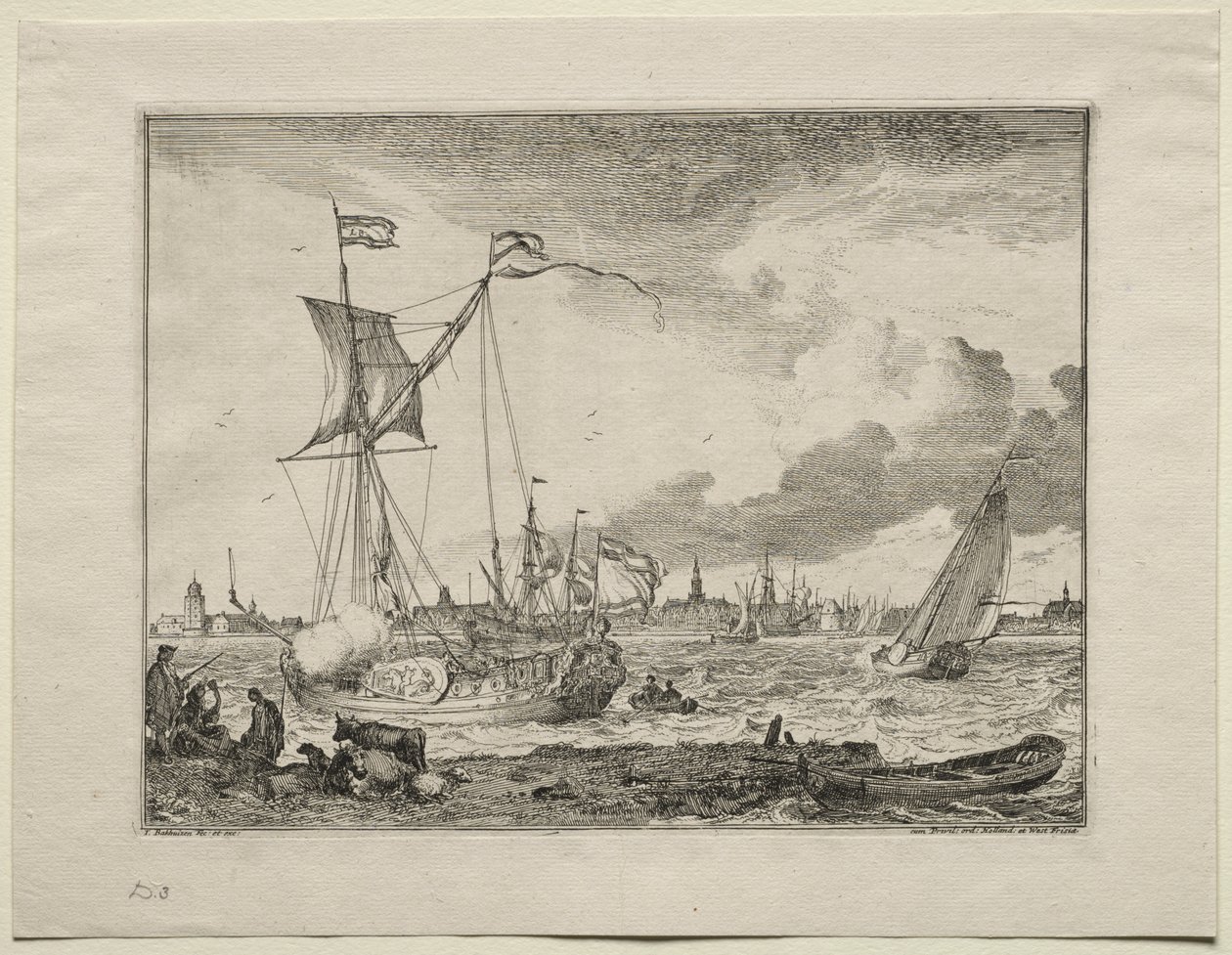 Vista de Ámsterdam con barcos en primer plano de Ludolf Backhuysen