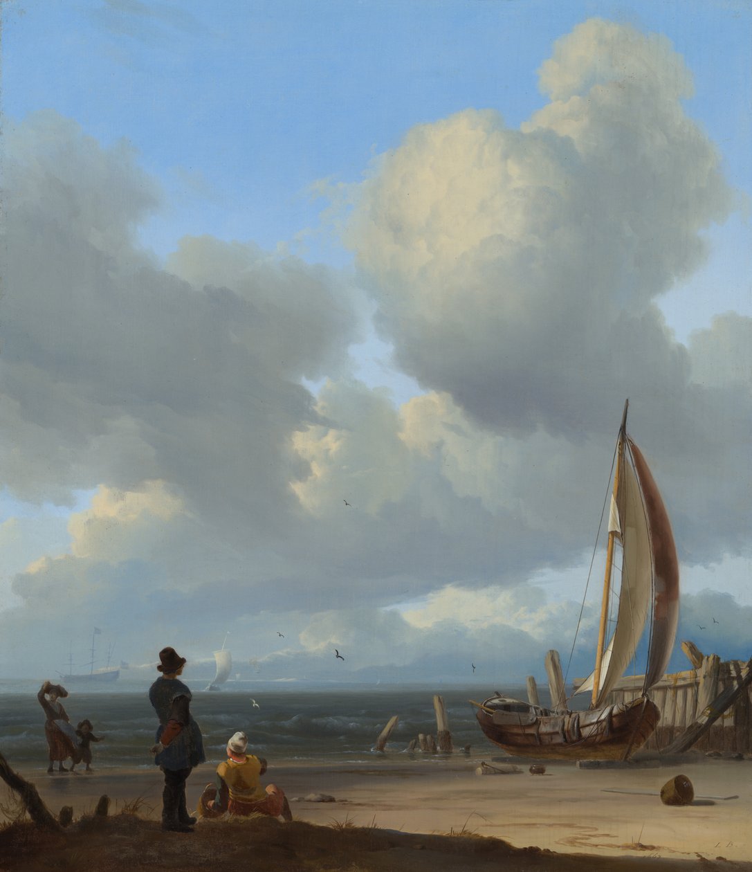 Holandés: Zeegezicht met figuren bij een vissersboot op het strand Un extenso paisaje marino con figuras junto a una barca en una orilla cerca de Huisduinen de Ludolf Bakhuizen