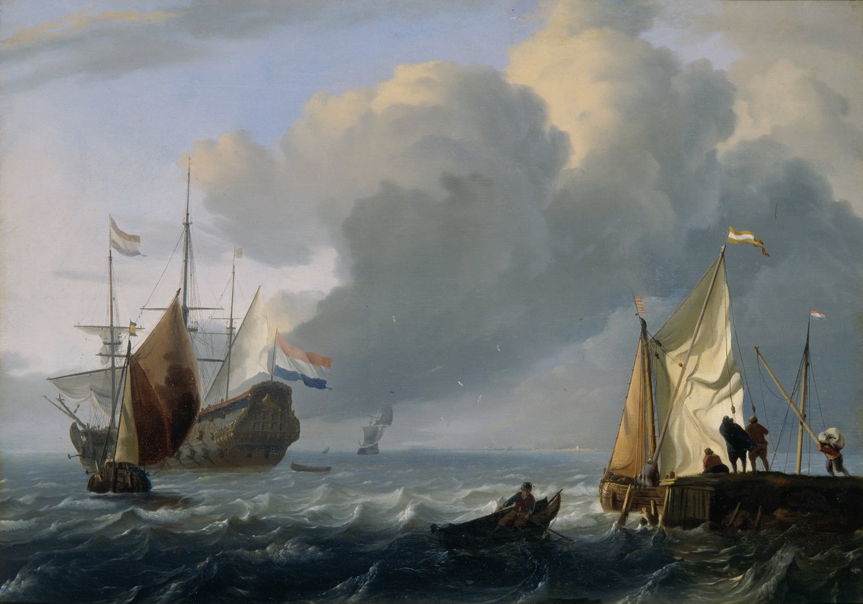 Fragata holandesa y otros barcos frente a la costa, c.1690 (óleo sobre tabla de roble) de Ludolf Bakhuizen