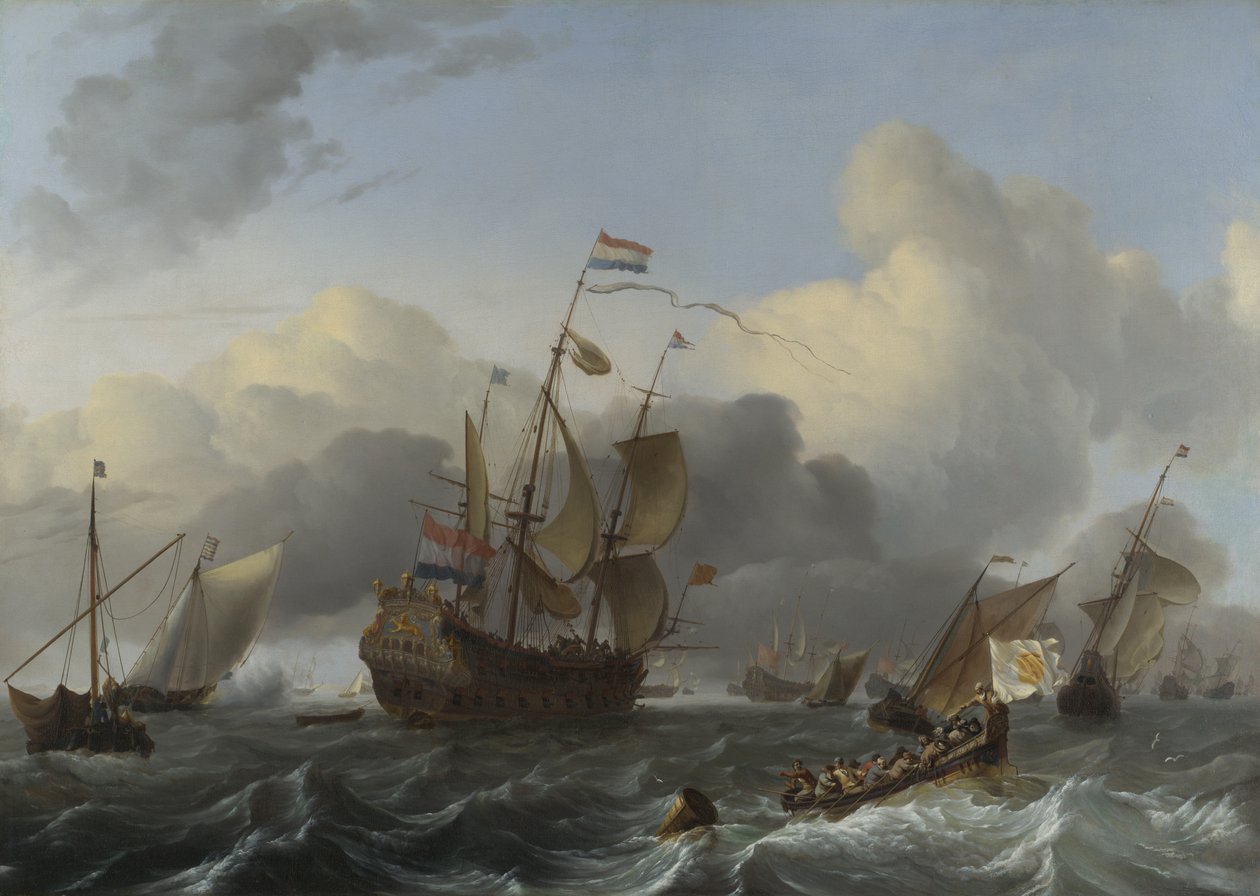 Buque insignia Eendracht y una flota de barcos de guerra holandeses, c. 1670 de Ludolf Bakhuizen