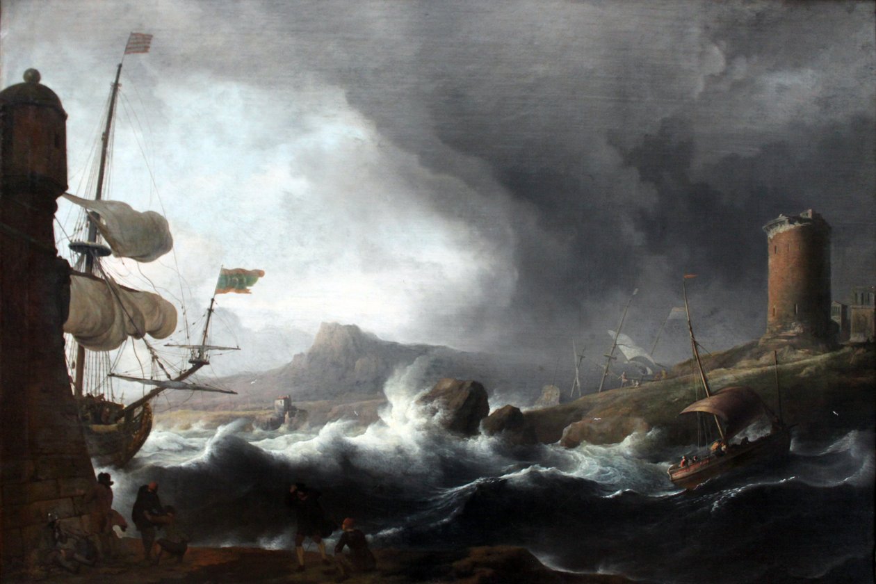 Alemán: Stürmische See an bergiger Küste Stormy Seas on a Mountainous Coast de Ludolf Bakhuizen