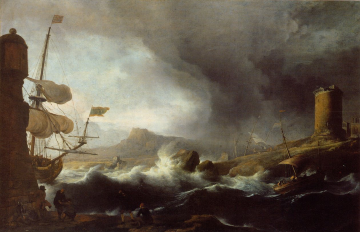 Alemán: Stürmische See an bergiger Küste Stormy Seas on a Mountainous Coast de Ludolf Bakhuizen