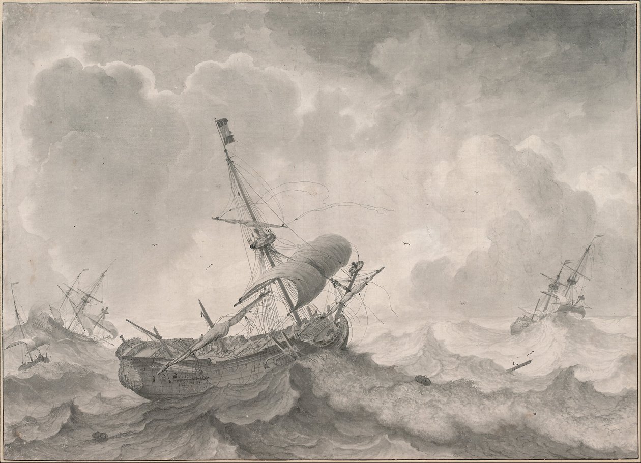 Barcos en un mar tormentoso de Ludolf Bakhuizen