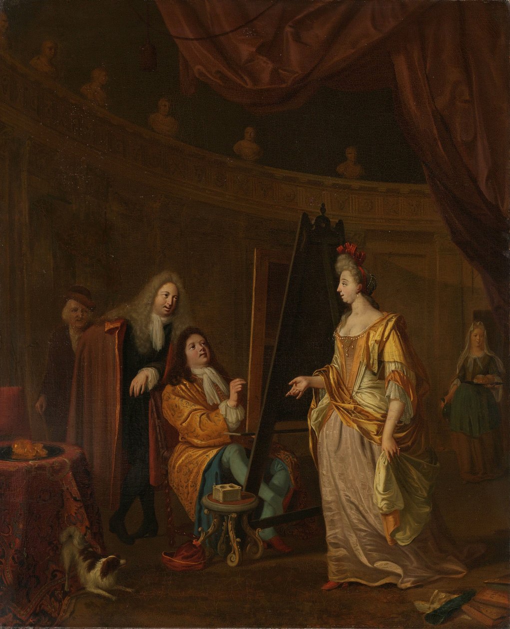 Un artista en su estudio, pintando el retrato de una dama de Ludolf Bakhuysen