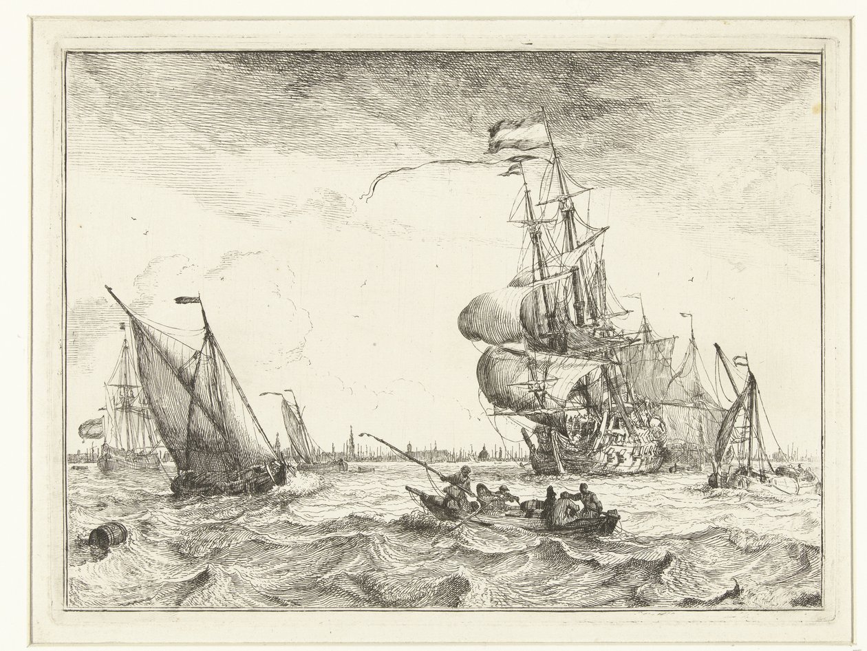 Vista del IJ con bote de remos Paisajes marinos (título de la serie) de Ludolf Bakhuysen