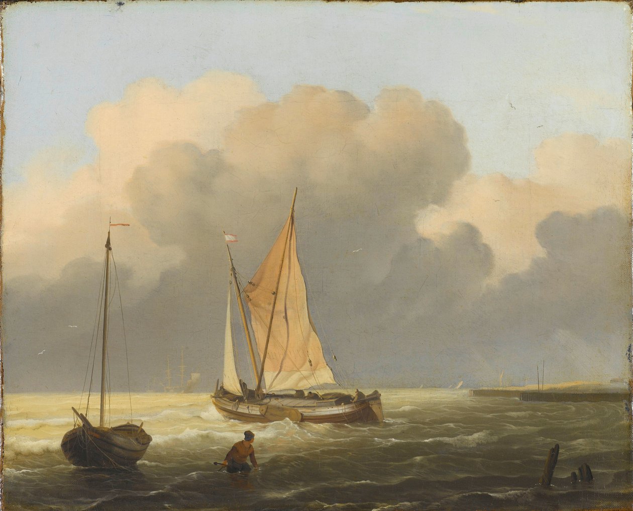 Mares de la costa, con la barcaza Spritsail de Ludolf Bakhuysen