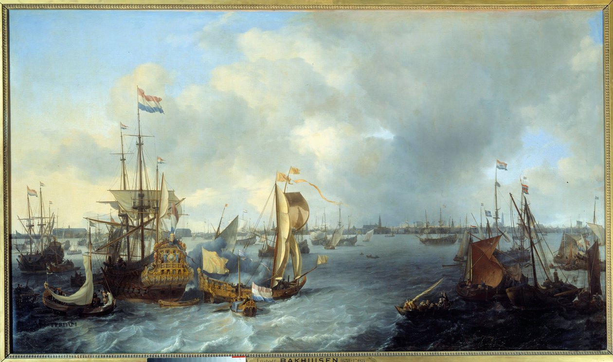 Vista del puerto de Ámsterdam desde el Ij de Ludolf I Backhuyzen