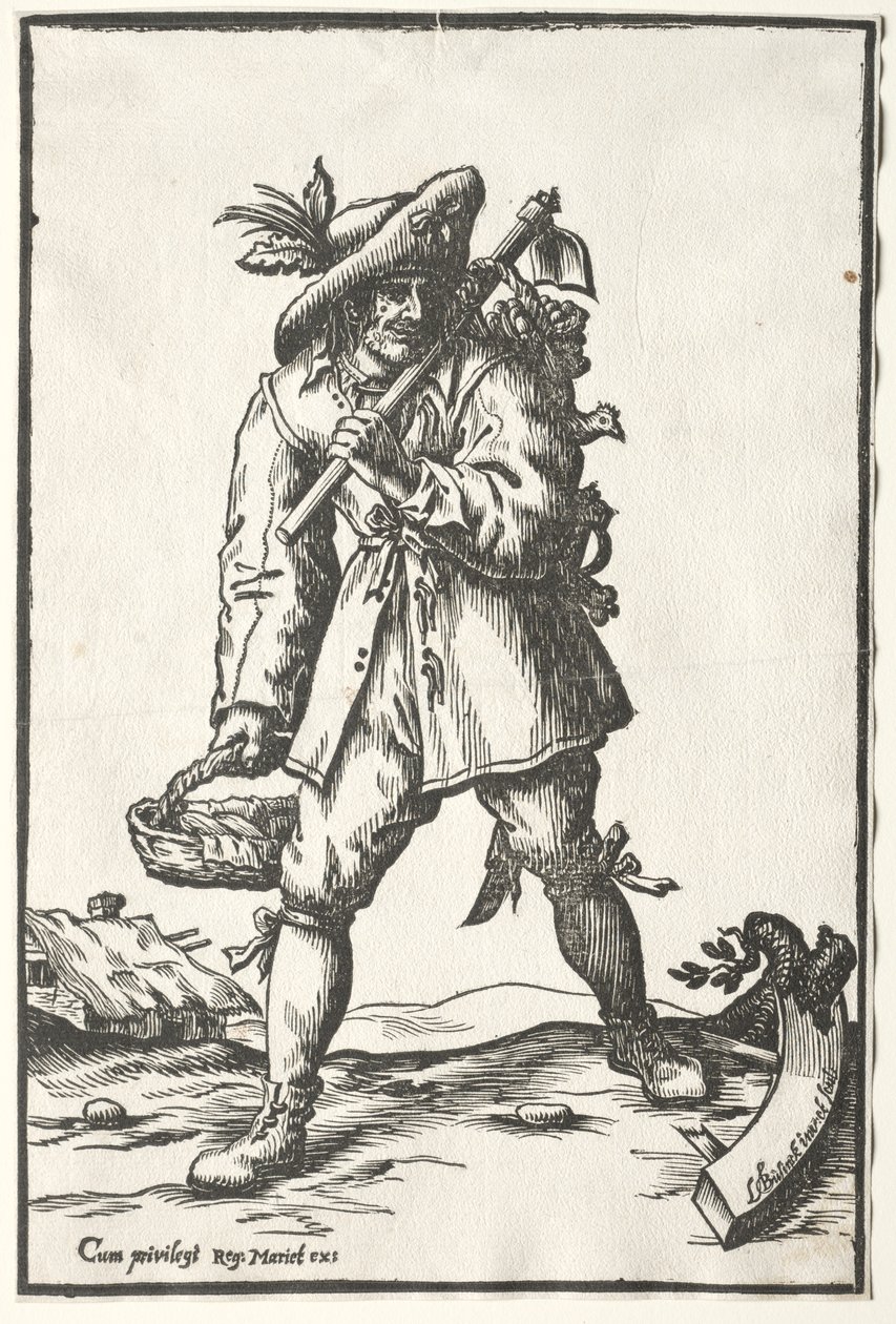 Campesino con azada, cesta y gallina de Ludolph Büsinck