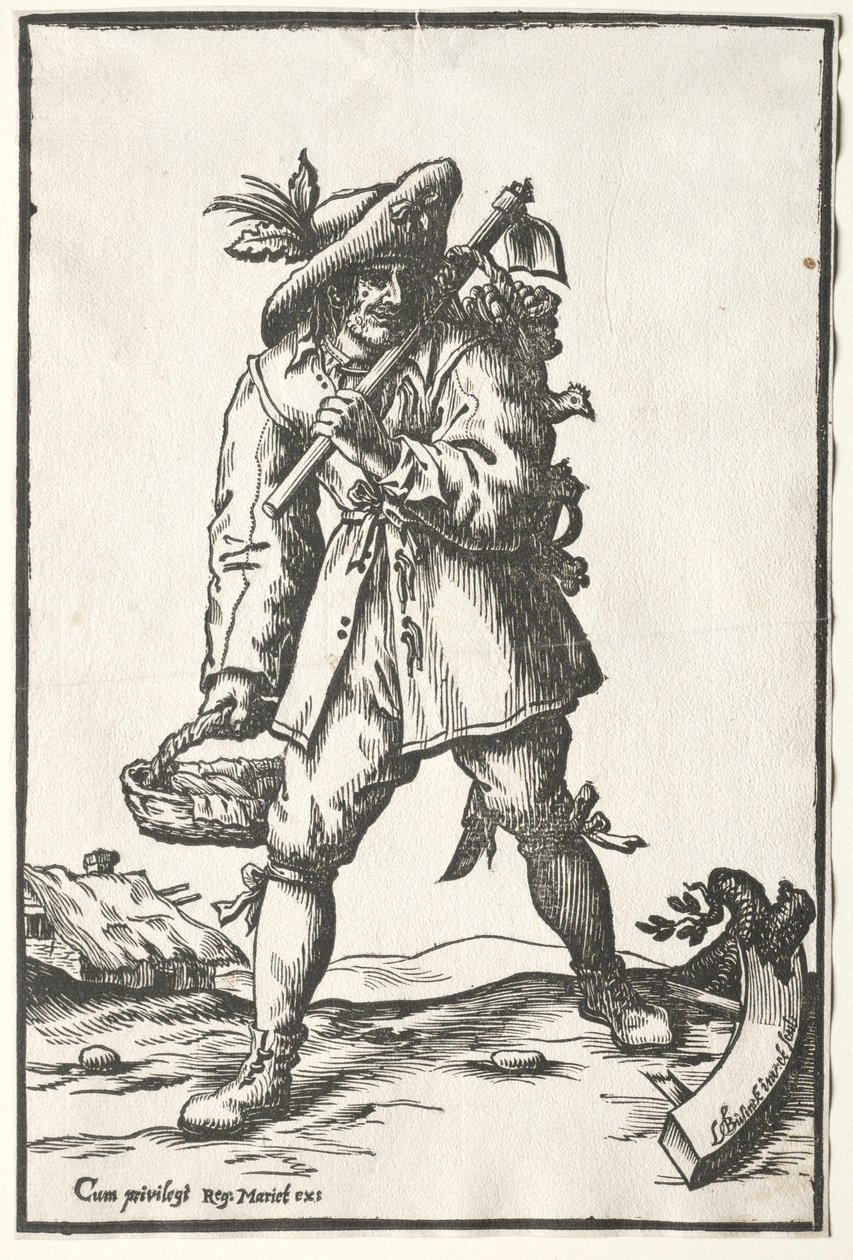 Campesino con azada, cesta y gallina de Ludolph Büsinck