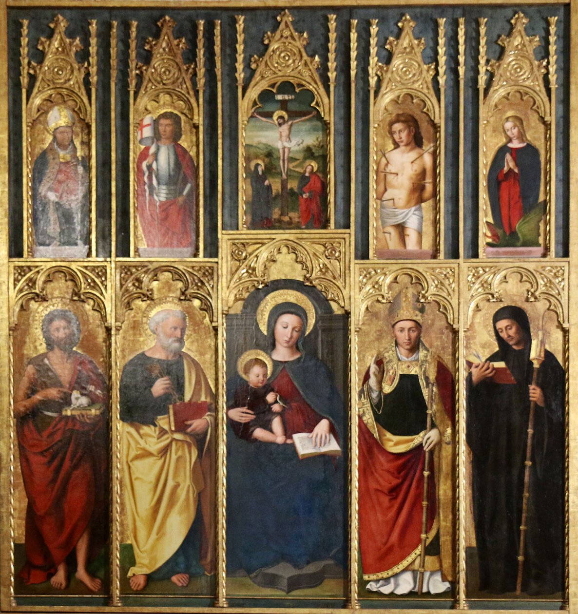Retablo, 10 pinturas: Virgen con el Niño entre San Juan Bautista y San Pedro, Un obispo y un abad, Cristo en la cruz entre San Juan y la Virgen, San Martín y San Víctor, San Sebastián y Santa Margarita. de Ludovico Brea