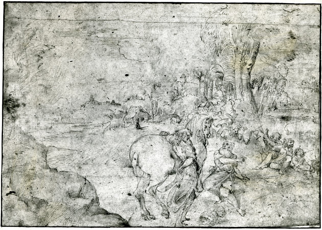 Erminia y los pastores, c.1600 (pluma y tinta sobre papel) de Ludovico Carracci