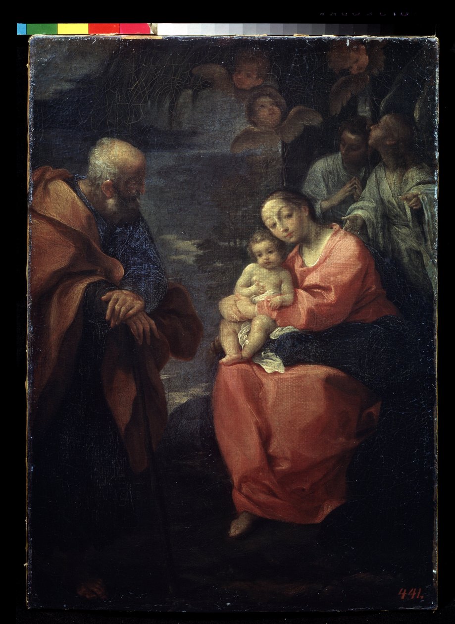 ""Descanso de la Sagrada Familia en la Huida a Egipto"" (La Sagrada Familia bajo una palmera (Descanso en la Huida a Egipto)) Pintura de Ludovico Carracci (Ludovic Carracci de Ludovico Carracci