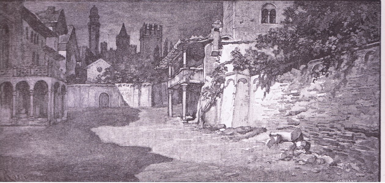 Un lugar abierto junto al jardín de los Capuleto (ilustración de Romeo y Julieta) de Ludovico Marchetti