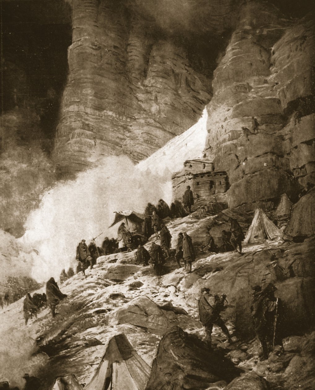 Guerra de los Alpes entre Italia y Austria: celebración de una misa en la ladera de una montaña, de "The Illustrated War News", 21 de junio de 1916 (litografía) de Ludovico Pogliaghi