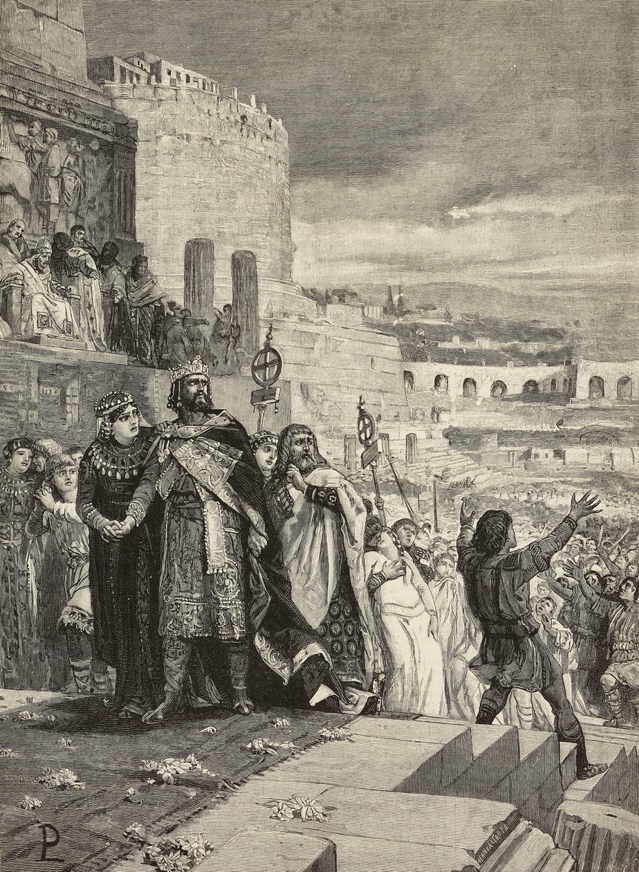 Matrimonio de Ugo y Marozia, cortejo nupcial en presencia del Papa, grabado de E. Mancastroppa a partir de un cuadro de Lodovico Pogliaghi (1857-1950), de L