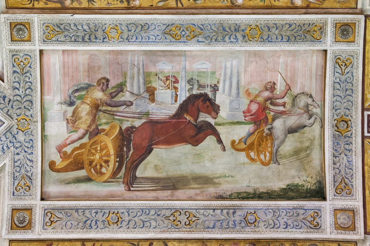 La carrera de la cuadriga, detalle del techo de la Sala de Juegos (fresco) de Ludovico Settevecchi