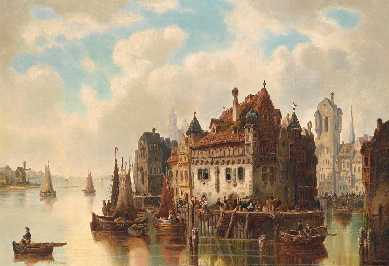 Vista fantástica de una ciudad en el río de Ludwig Hermann
