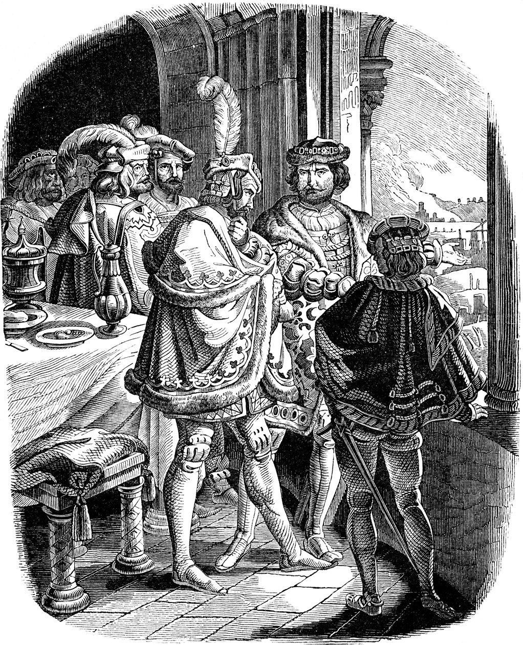 Frederick I comiendo en el Castillo de Heidelberg 1462. Ilustración de la Geschichte des deutschen Volkes por E. Duller, 1840 de Ludwig Adrian Richter