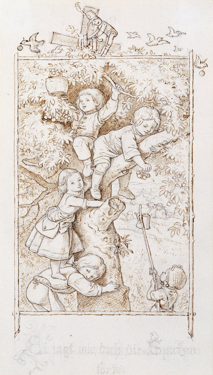 Caza de ciruelas con gorriones de Ludwig Adrian Richter
