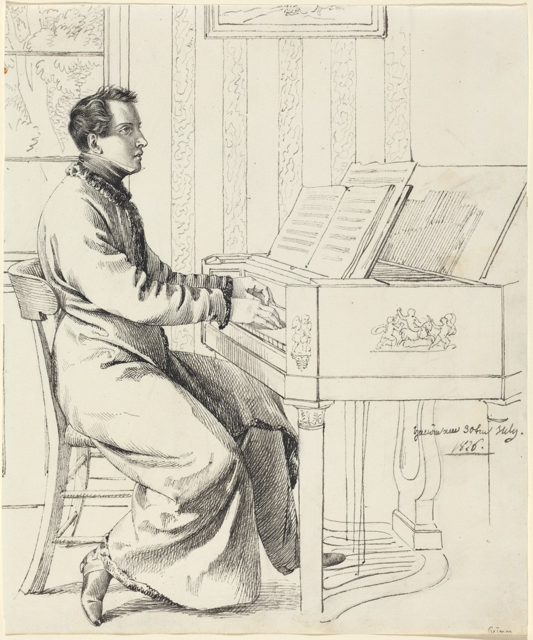 El cuñado del artista, Ludwig Hassenpflug, preparándose para tocar el piano de Ludwig Emil Grimm