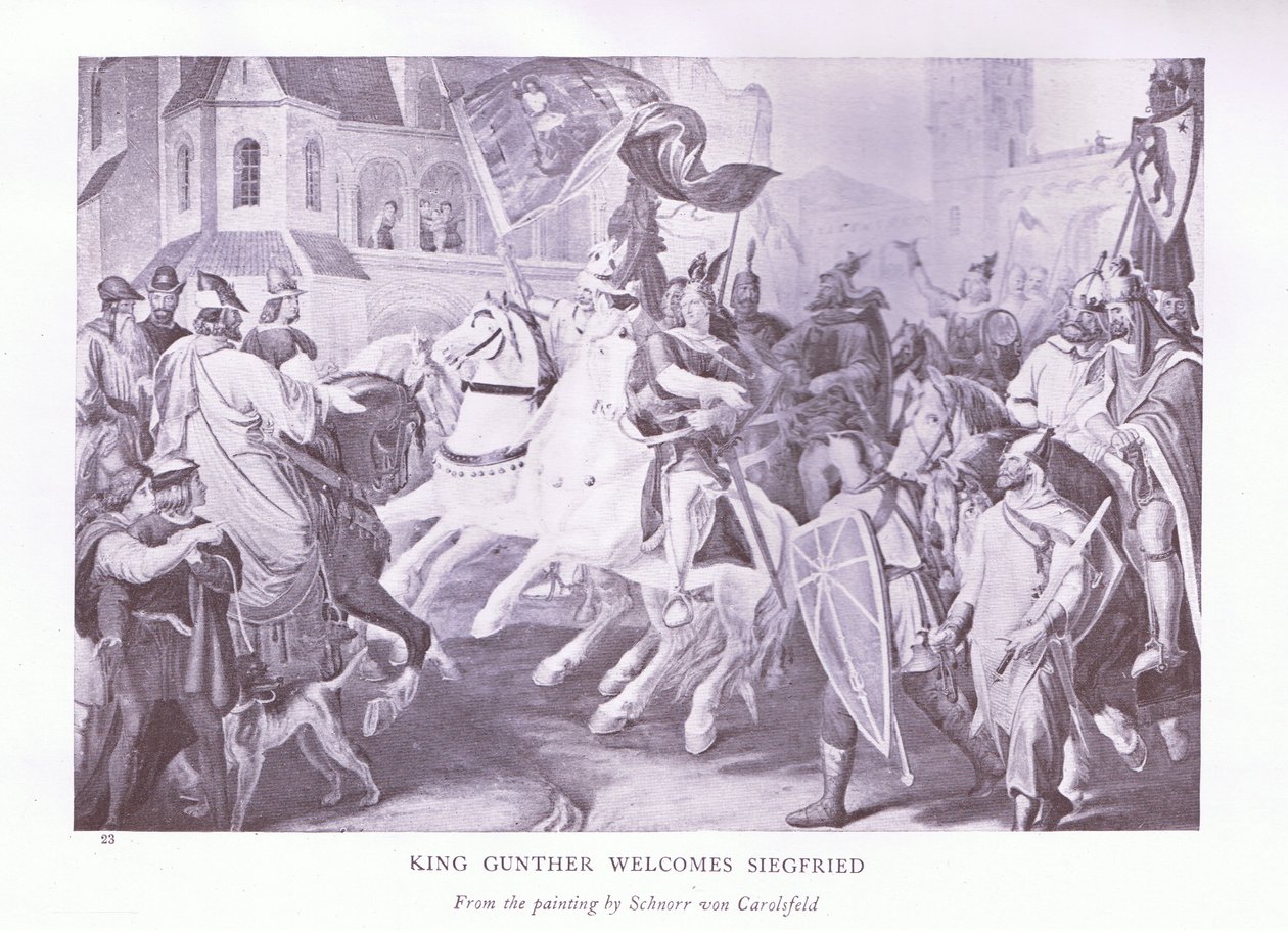 El rey Gunther da la bienvenida a Siegfried de Ludwig Ferdinand Schnorr von Carolsfeld