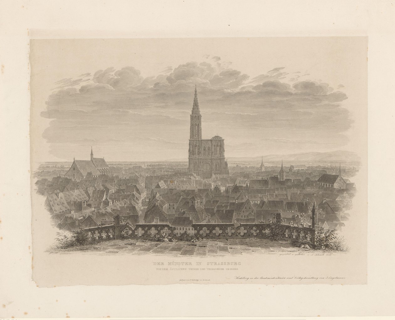 Retrato de la catedral de Straatsburg El Minster en Estrasburgo visto desde la torre este de la Iglesia de Santo Tomás (título sobre el objeto) de Ludwig Friedrich Schnell