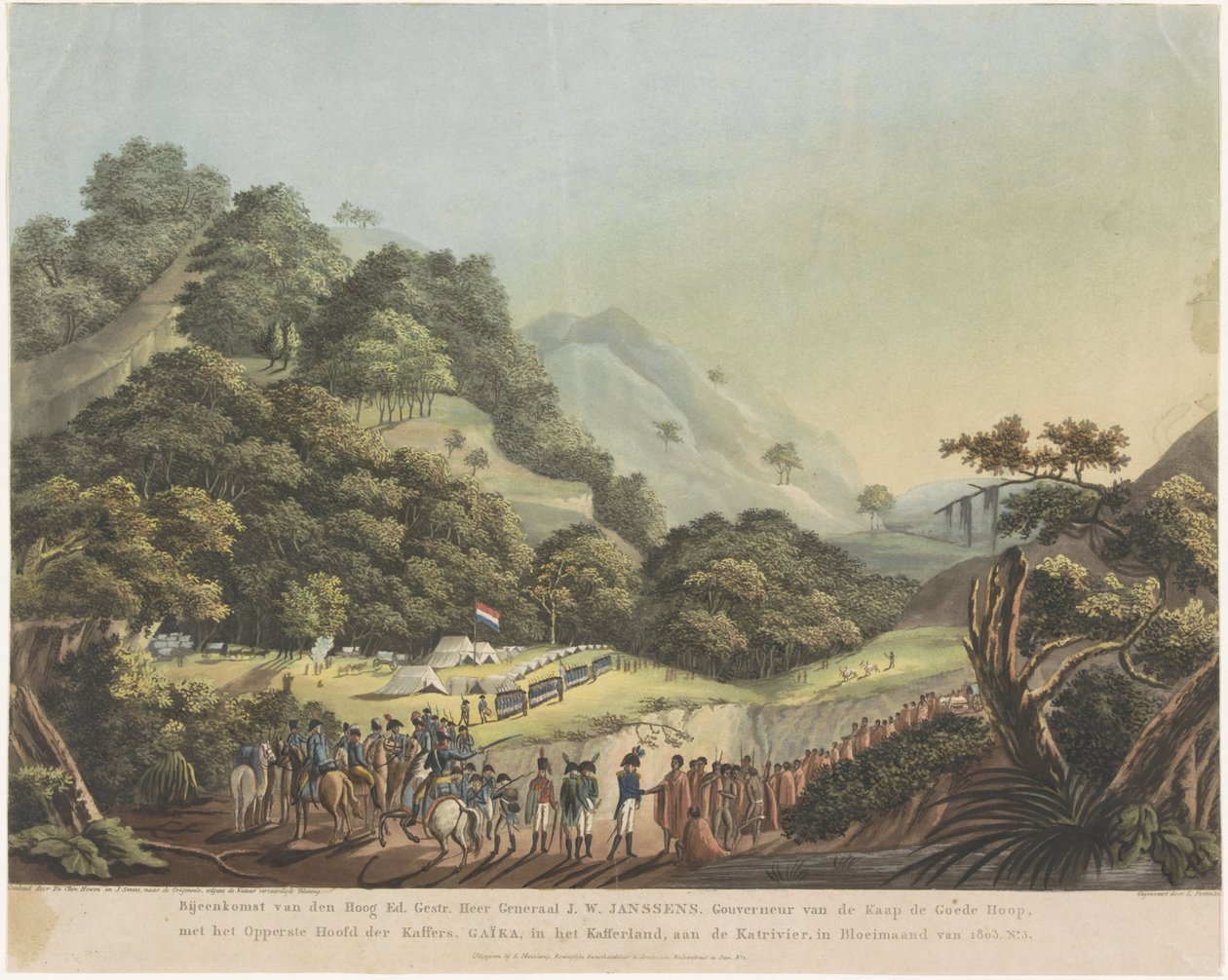Encuentro entre el gobernador general Janssens y el líder xhosa Gaika, 1803
Reunión de la Alta Ed. Gestr. General J.W. Janssens. Gobernador del Cabo de Buena Esperanza, con el Jefe Supremo de los cafres. Gaïka, en el país kafir, en el Katri de Ludwig Gottlieb Portman