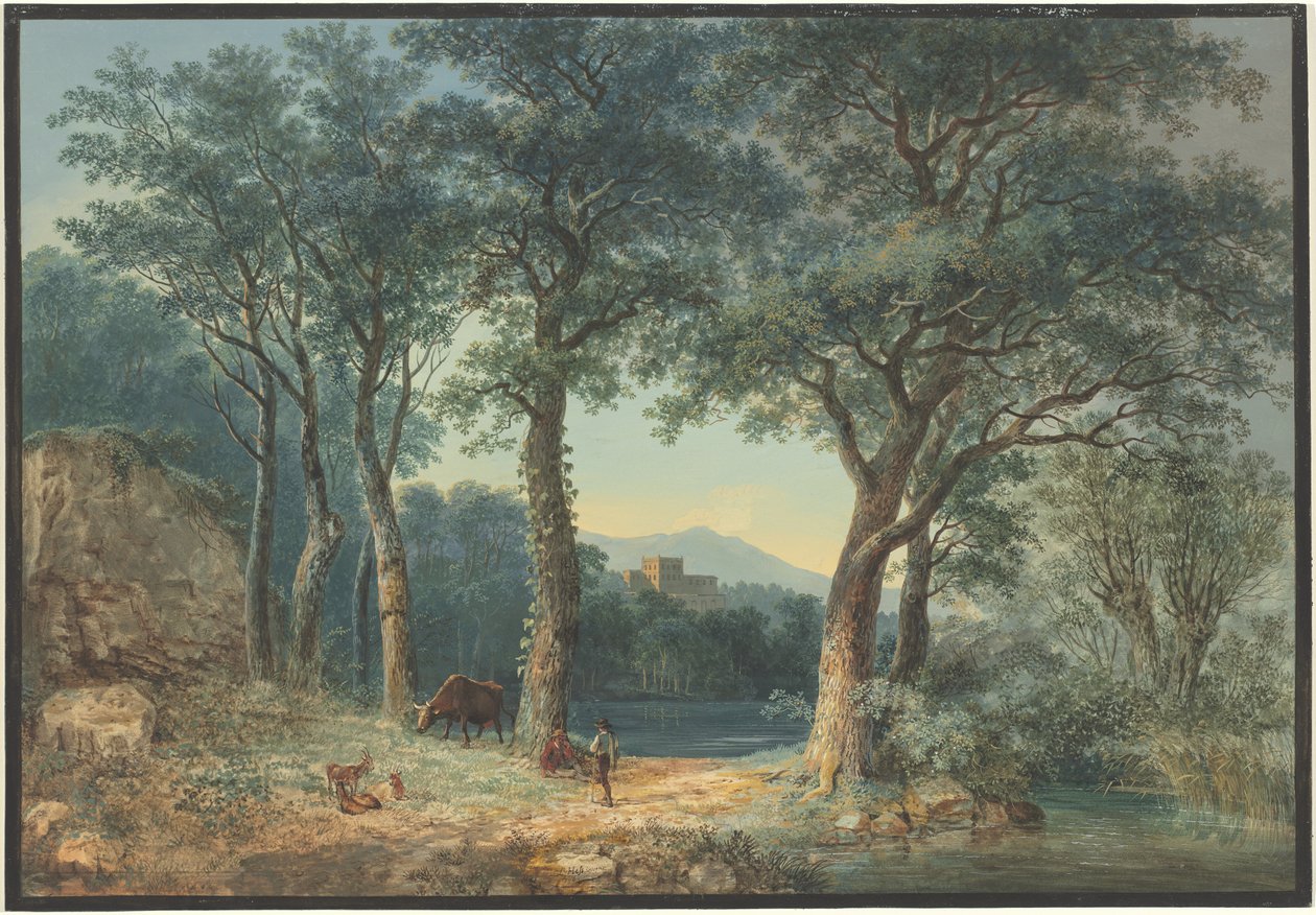 Un lago boscoso con una villa italianizante de Ludwig Hess