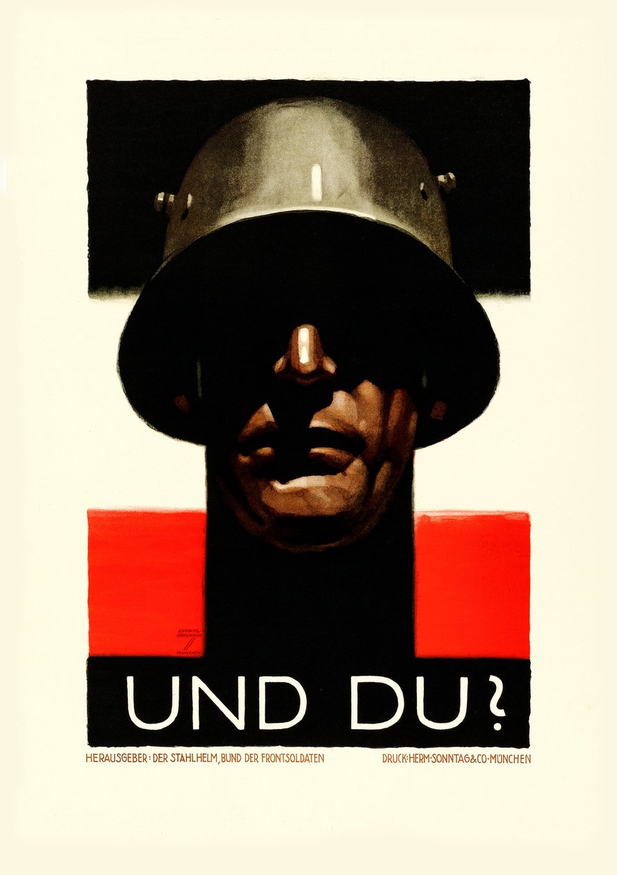 Y tú casco de acero, Liga de Soldados del Frente, 1929 de Ludwig Hohlwein