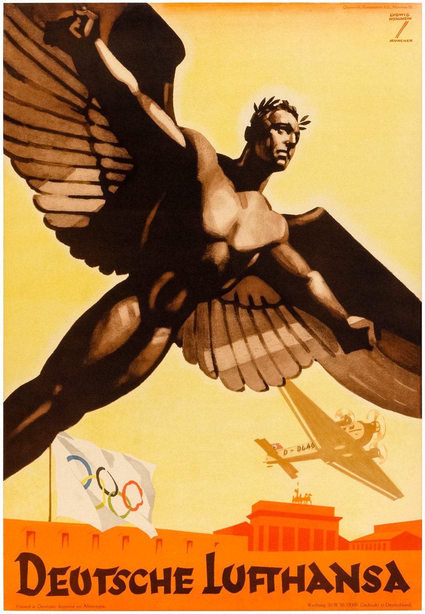 Deutsche Lufthansa, cartel de las líneas aéreas alemanas para promocionar los Juegos Olímpicos de 1936 en la Alemania nazi (cartel) de Ludwig Hohlwein