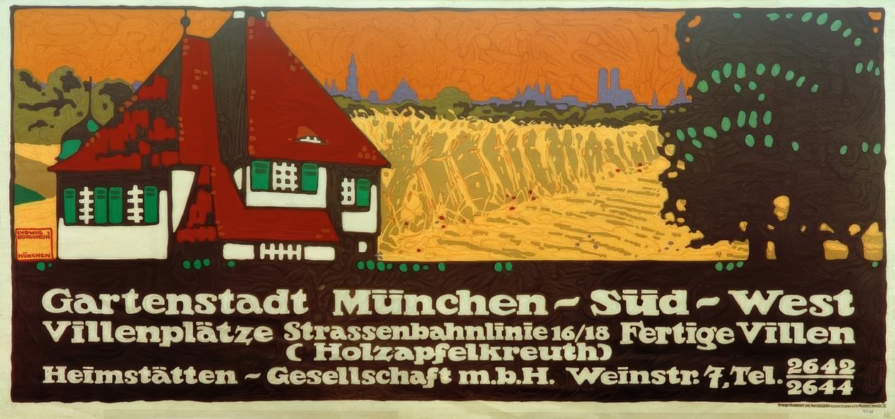 Ciudad jardín Múnich-Sur-Oeste / Plazas de villas / Línea de tranvía 16/18 / Villas terminadas (Holzapfelkreuth) / Sociedad de viviendas de Ludwig Hohlwein