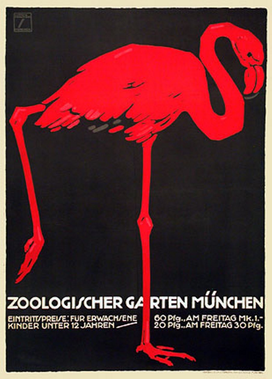 Cartel del zoo con un flamenco rojo de Ludwig Hohlwein