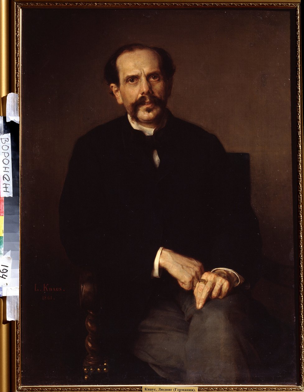""Retrato de un hombre"" Está vestido con un traje negro, un título de caballero en su dedo. Pintura de Ludwig Knaus (1829-1910) Ivan Kramskoy (o Kramskoi) Museo de Bellas Artes de Voronezh (Voronezh), Rusia. de Ludwig Knaus