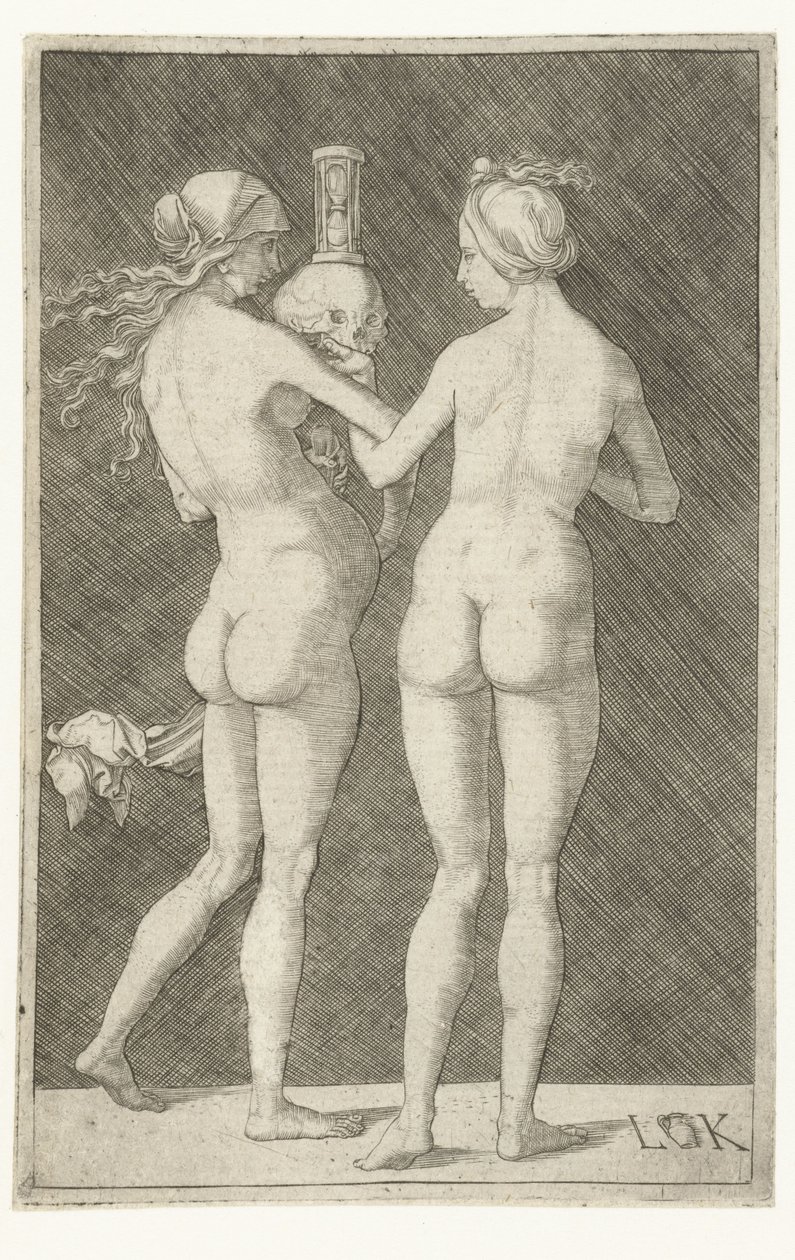 Dos mujeres desnudas con calavera y reloj de arena. de Ludwig Krug