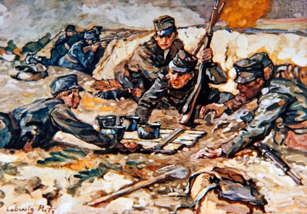 Llevando raciones a las trincheras austriacas bajo el fuego de la artillería rusa de Ludwig Putz