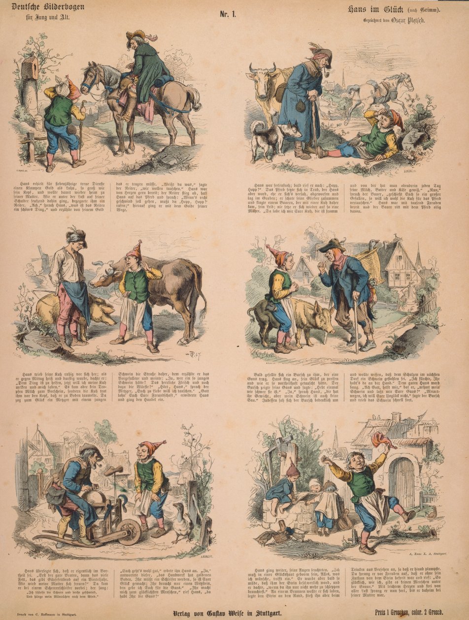 Hans en la suerte (después de los Hermanos Grimm), no.213 de Muenchener Bilderbogen publicado por Braun & Schneider, Múnich, 1880 de Ludwig Voltz