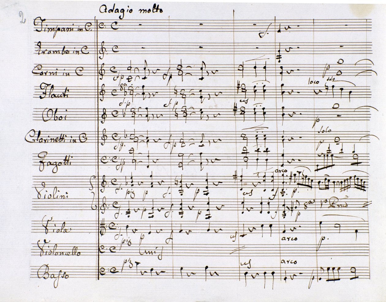 Página de partitura de la Sinfonía n. 1 en Do mayor del compositor alemán Ludwig van Beethoven (1799-1800) de Ludwig van Beethoven