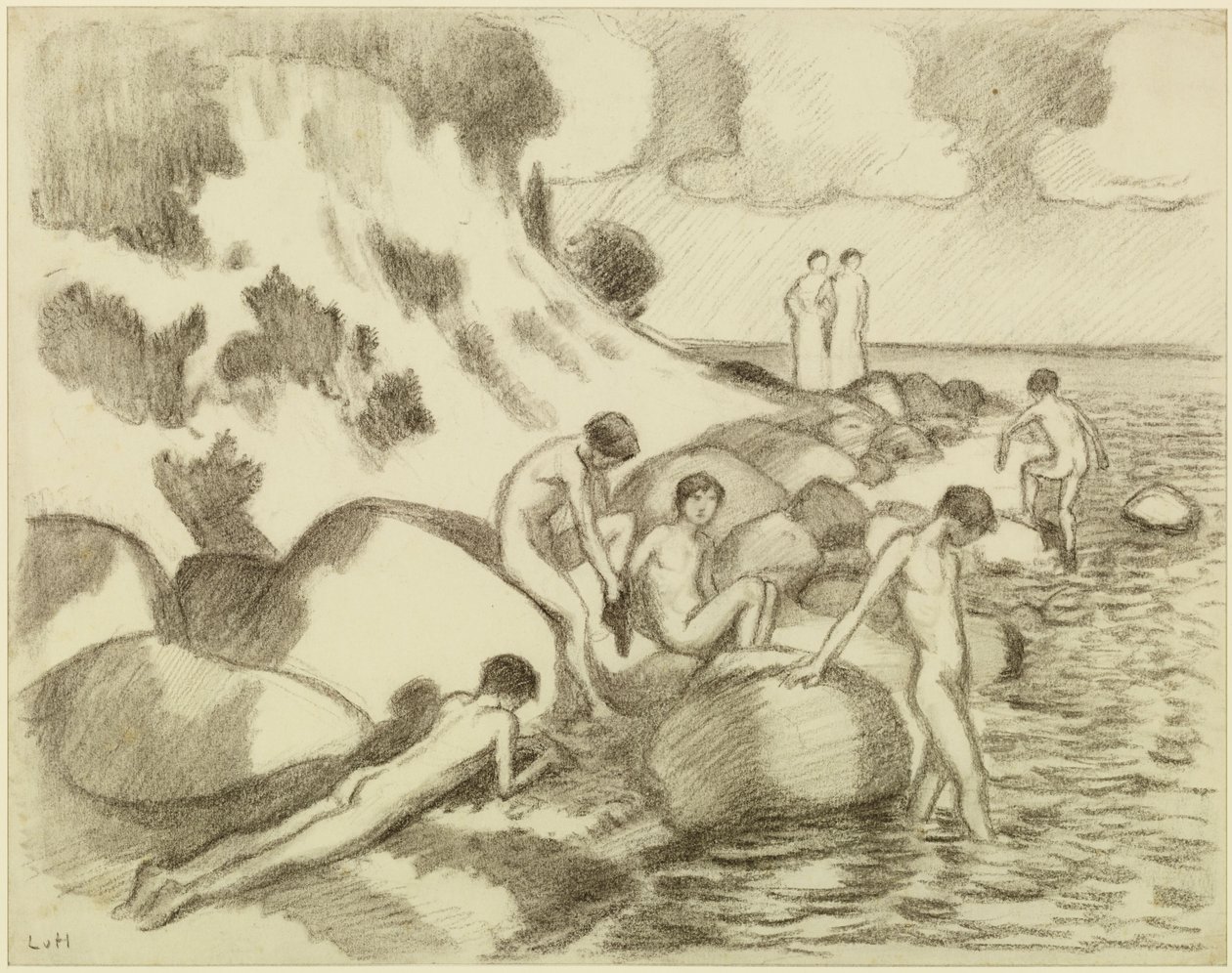 Muchachos bañándose en la playa, dos mujeres al fondo de Ludwig von Hofmann
