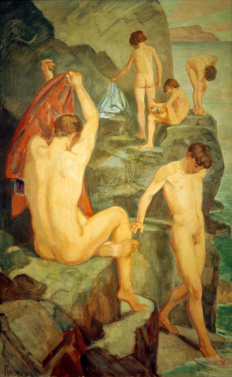 Bañistas en la roca negra de Ludwig von Hofmann