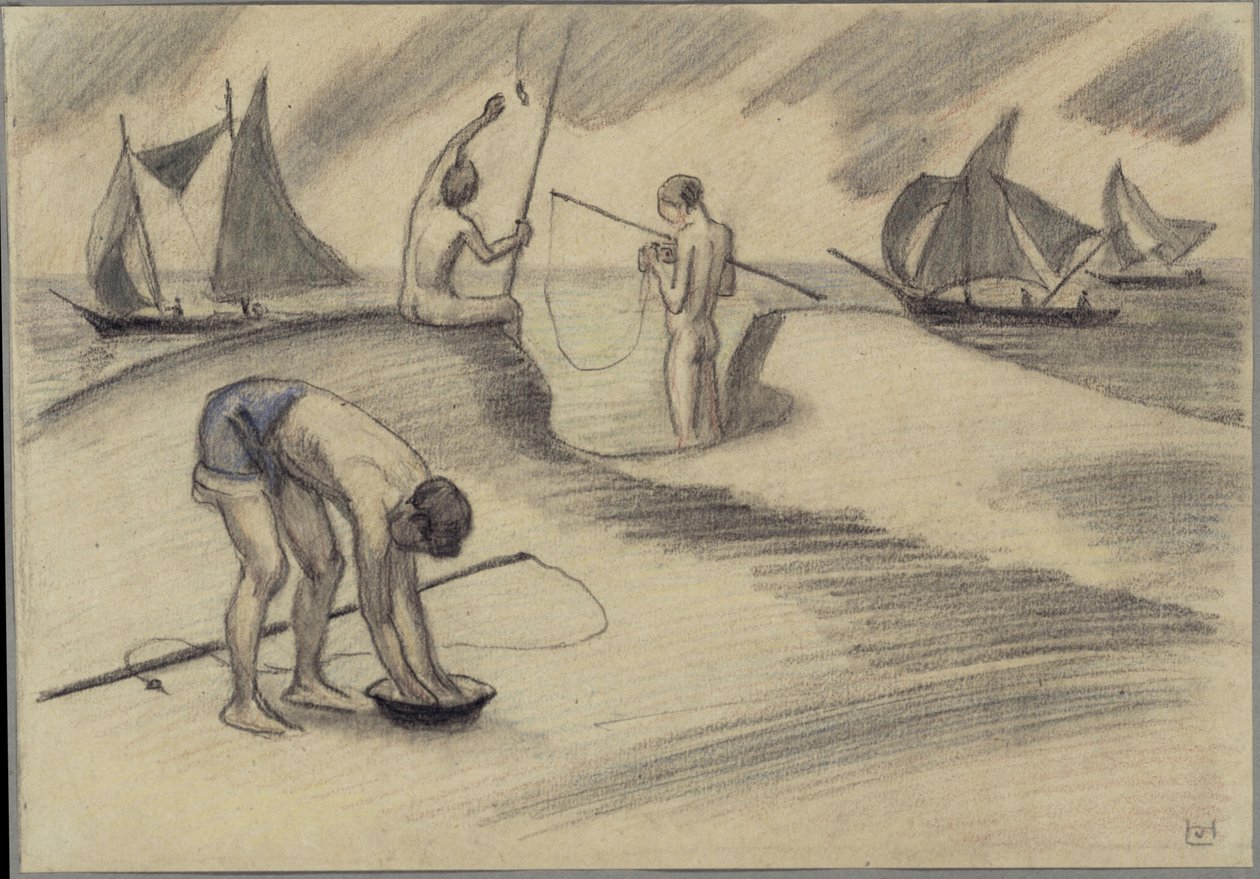 Tres niños pescando junto al mar con veleros de Ludwig von Hofmann