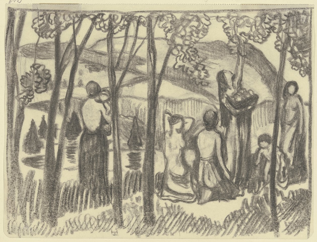 Mujeres arrodilladas y una mujer recogiendo fruta de Ludwig von Hofmann