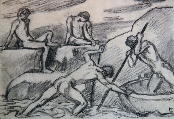 Barquero desnudo y jóvenes en una orilla verde de Ludwig von Hofmann