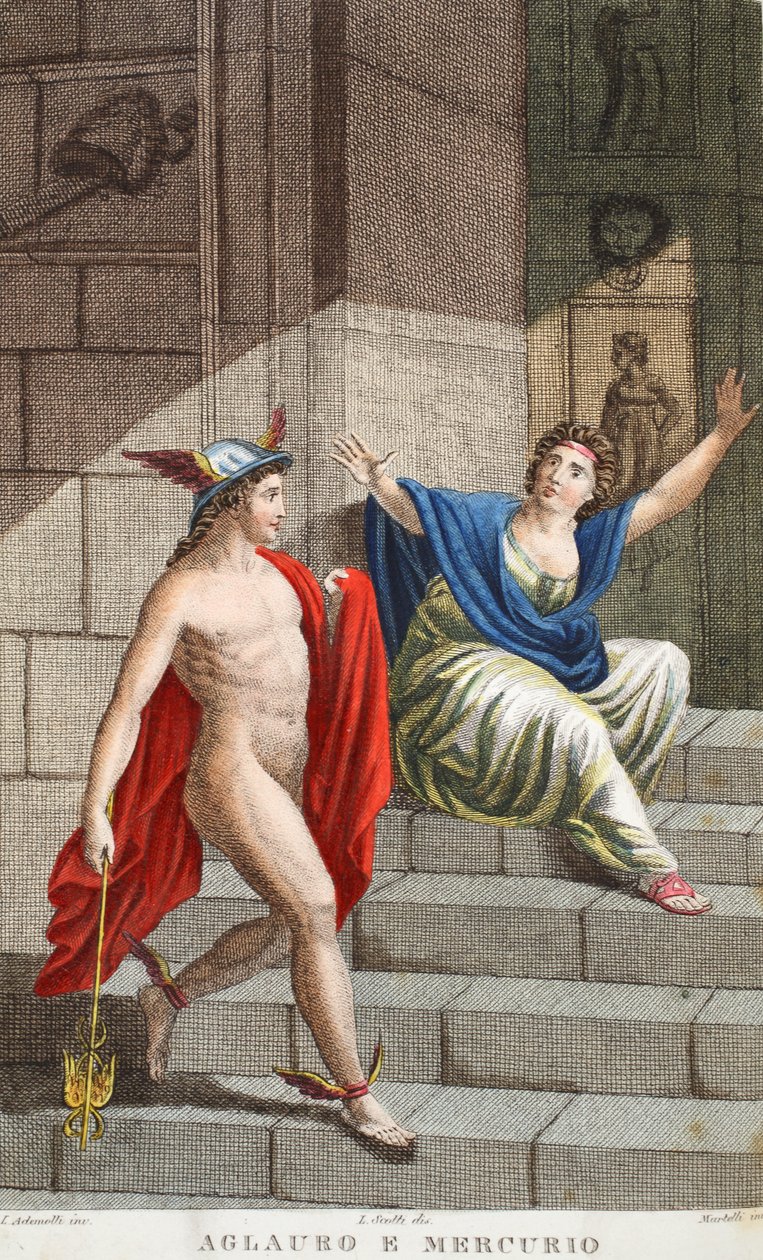 Aglauros y Mercurio, ilustración de las Metamorfosis de Ovidio, Florencia, 1832 de Luigi Ademollo