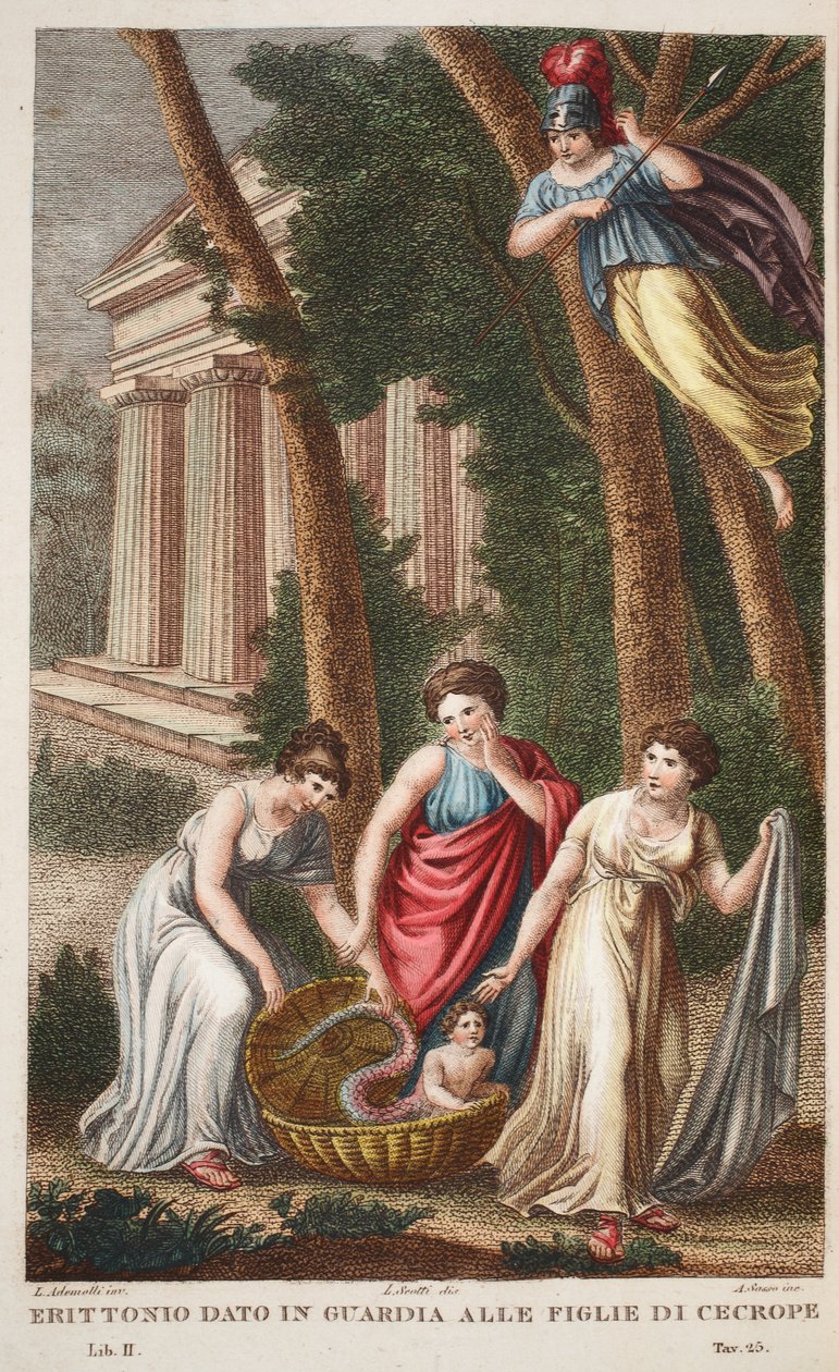 Erictonio con pies de dragón o Erittonio dado en guardia a las hijas de Cécrope, Libro II, ilustración de 