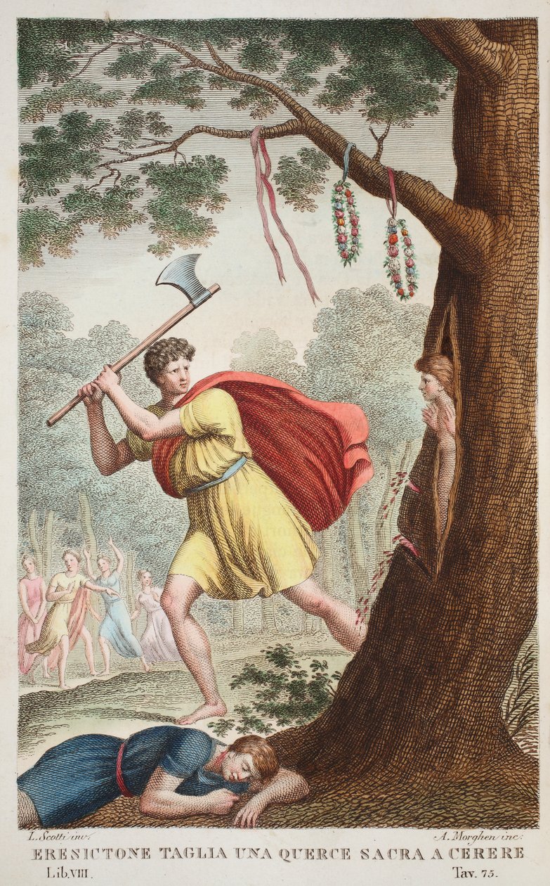 El orgullo de Erysichthon o Eresictone corta un roble sagrado a Ceres, Libro VIII, ilustración de 