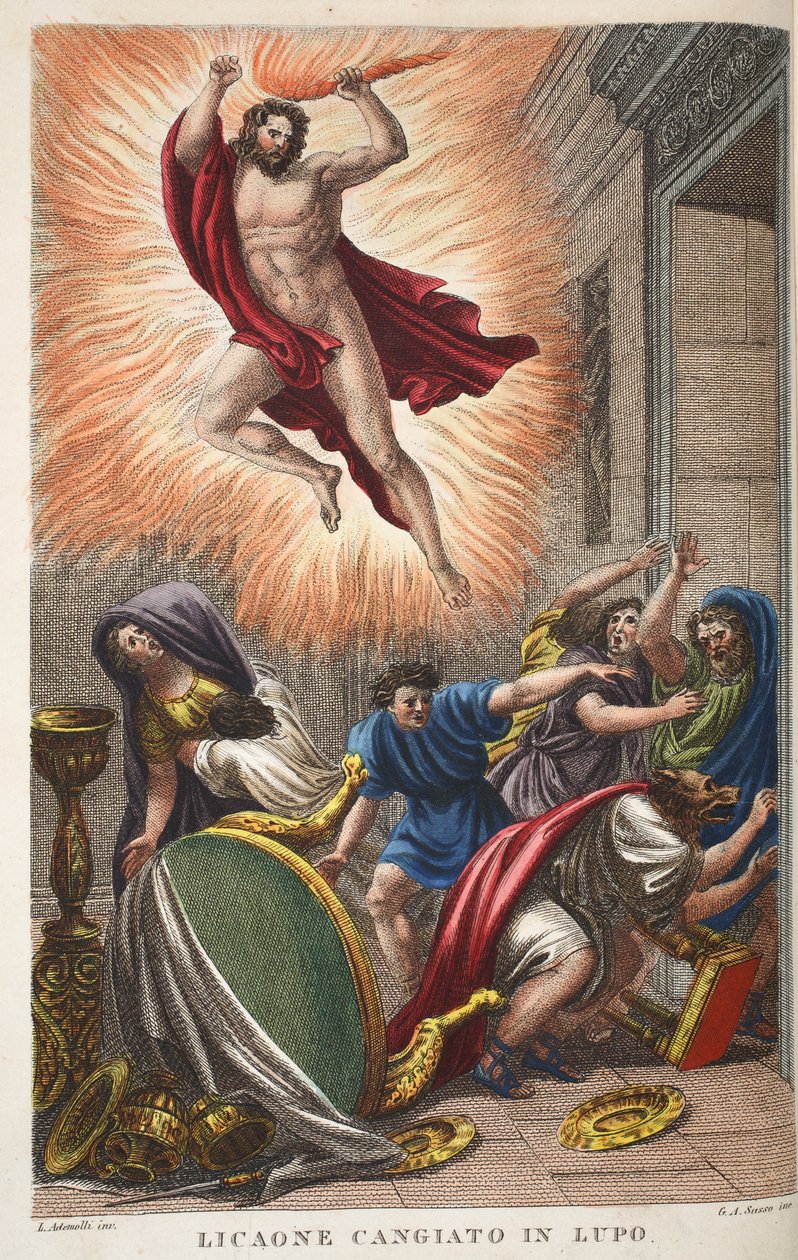 Licaón convertido en lobo, ilustración de las Metamorfosis de Ovidio, Florencia, 1832 de Luigi Ademollo