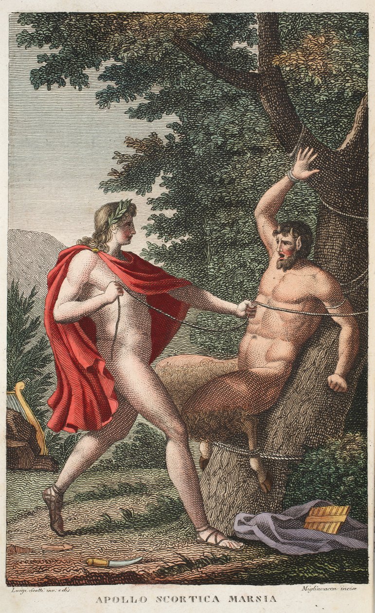 Marsias es desollado por Apolo, Libro VI, ilustración de 