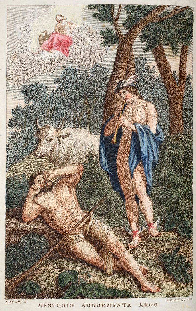 Mercurio adormece a Argos, ilustración de las Metamorfosis de Ovidio, Florencia, 1832 de Luigi Ademollo
